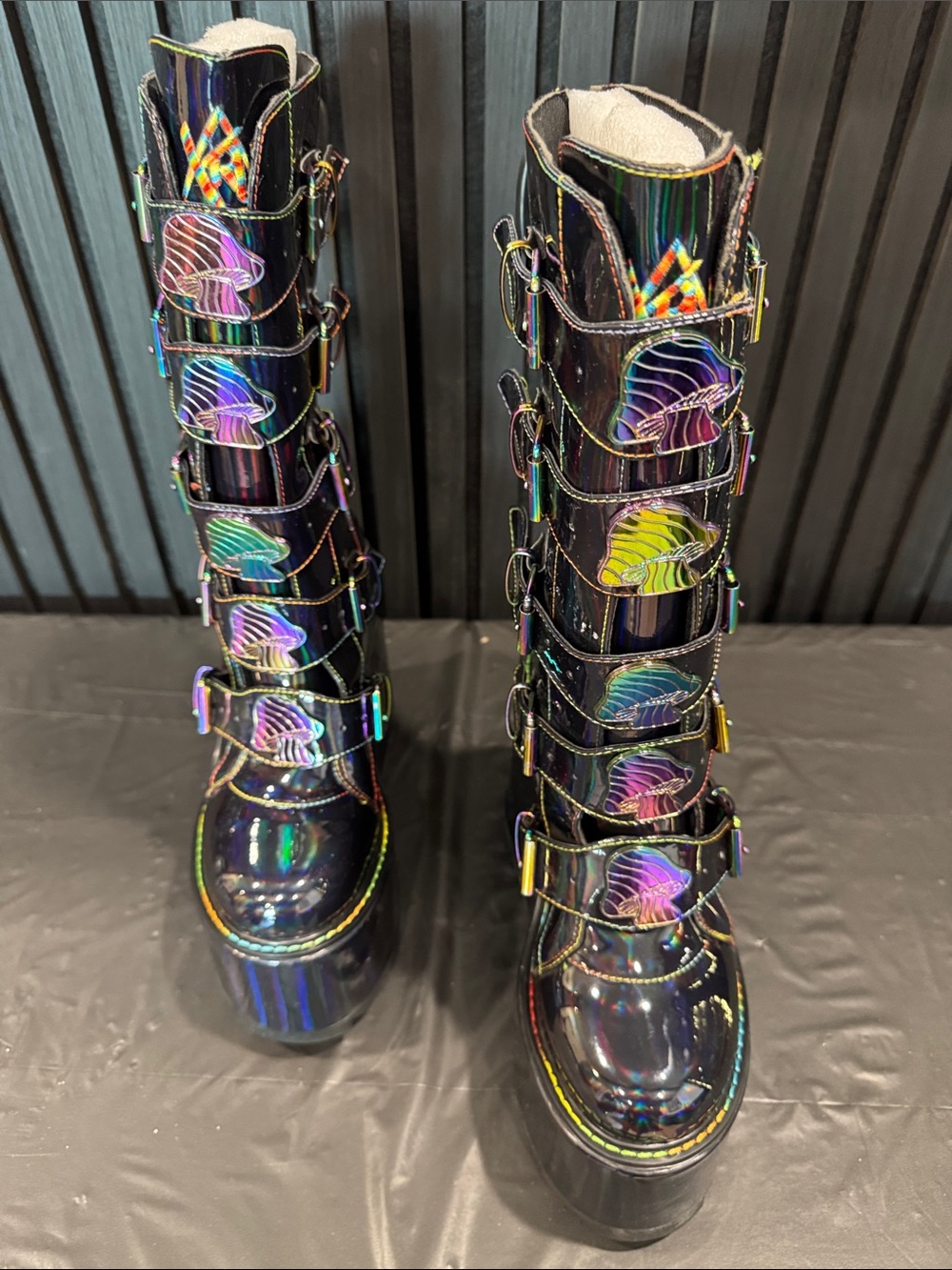 YRU Black Holographic Multicolor Lace-Up Platform Boots
